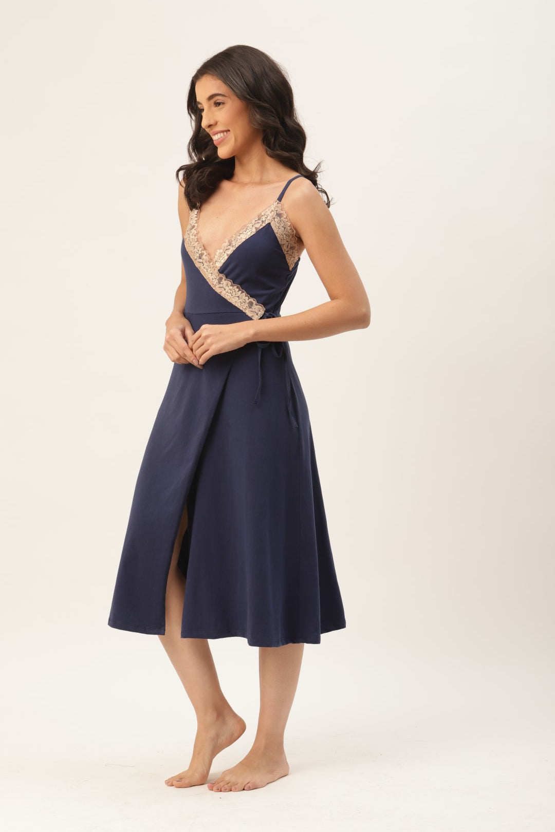 Blue Solid finish Nightwear/ Nighty with Cotton Fabric and Lace