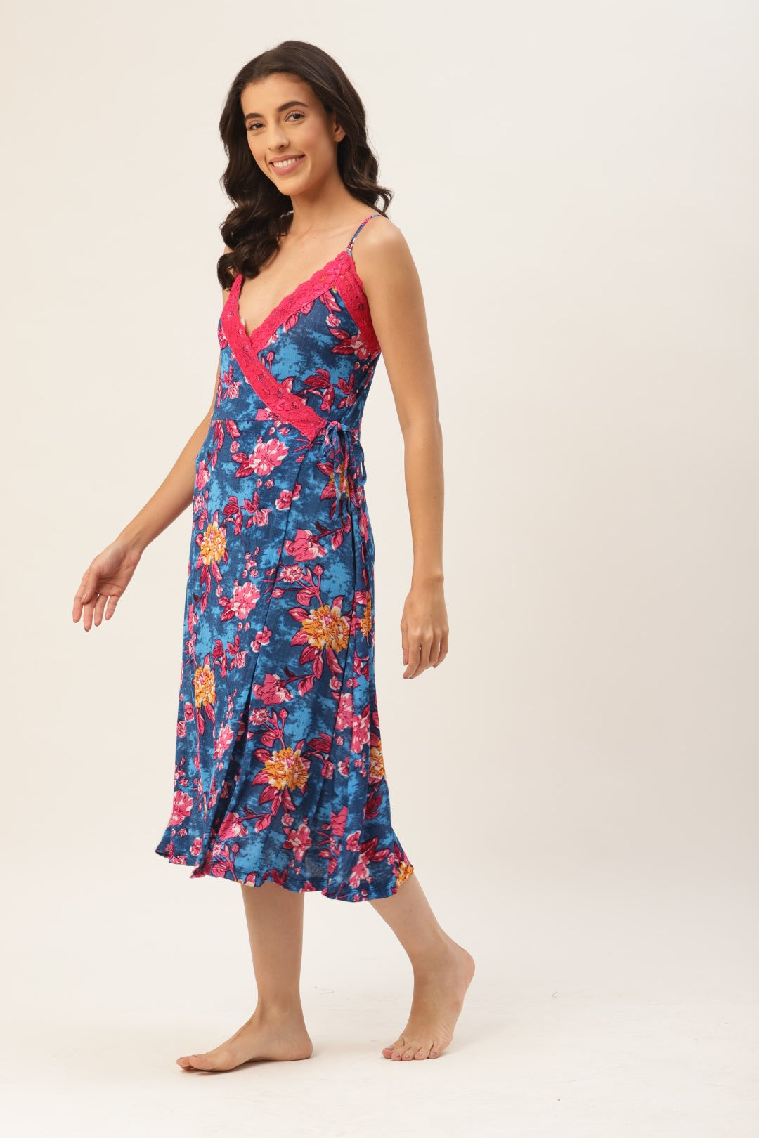 Blue Floral Finish Nightwear/ Nighty with Modal Fabric and Lace