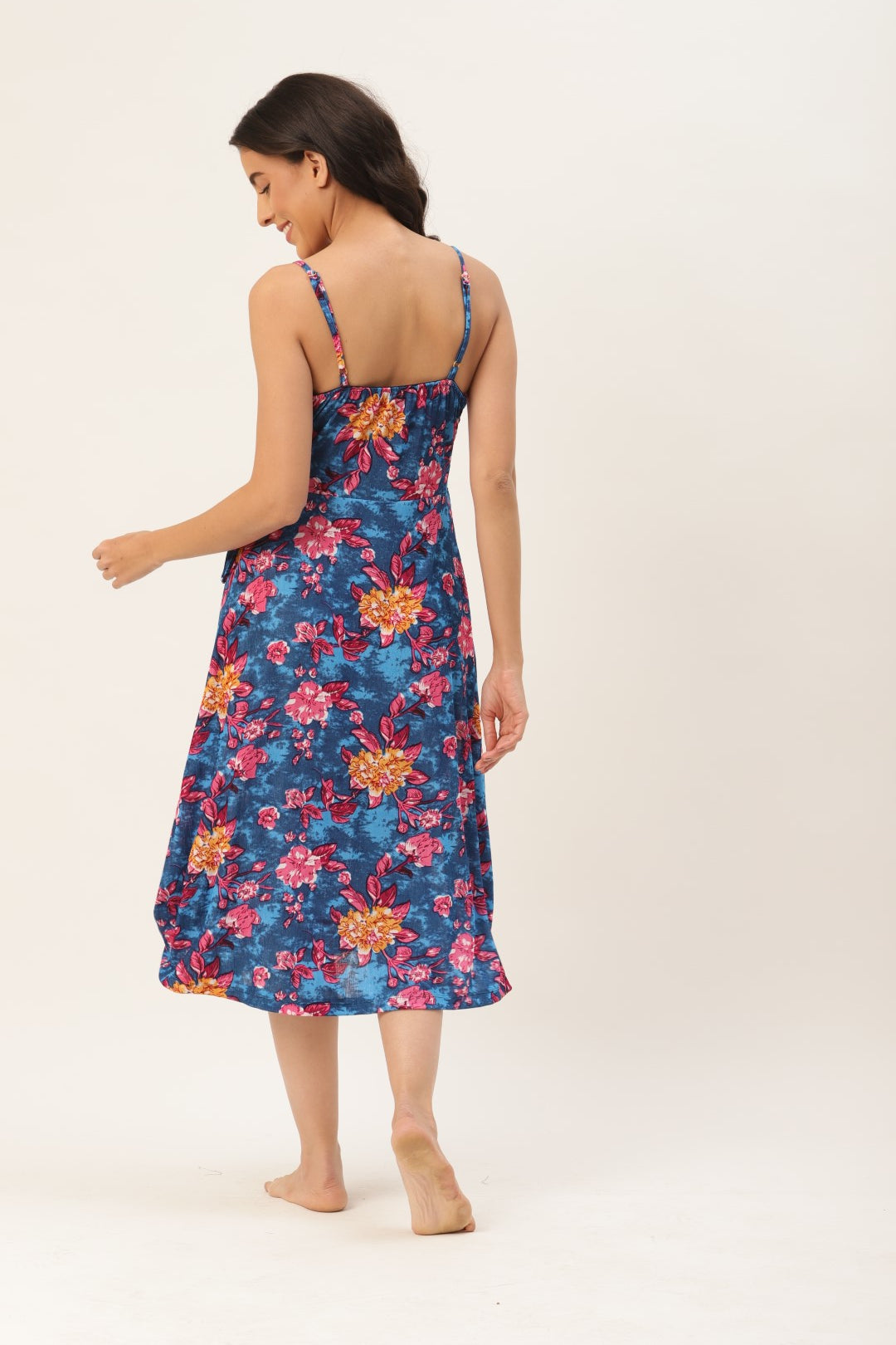 Blue Floral Finish Nightwear/ Nighty with Modal Fabric and Lace