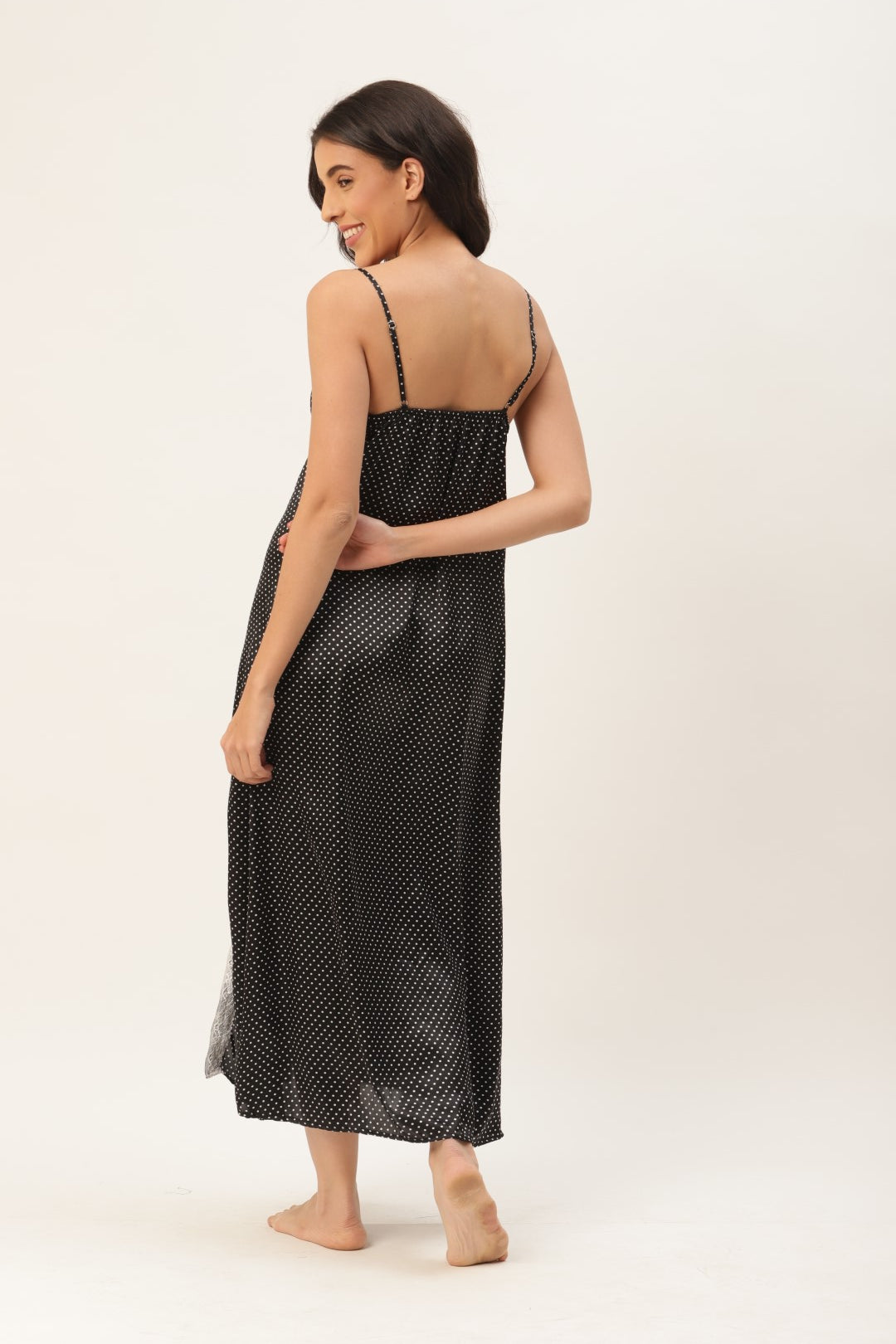 Black Satin Nightwear/Nighty with White Polka Dots