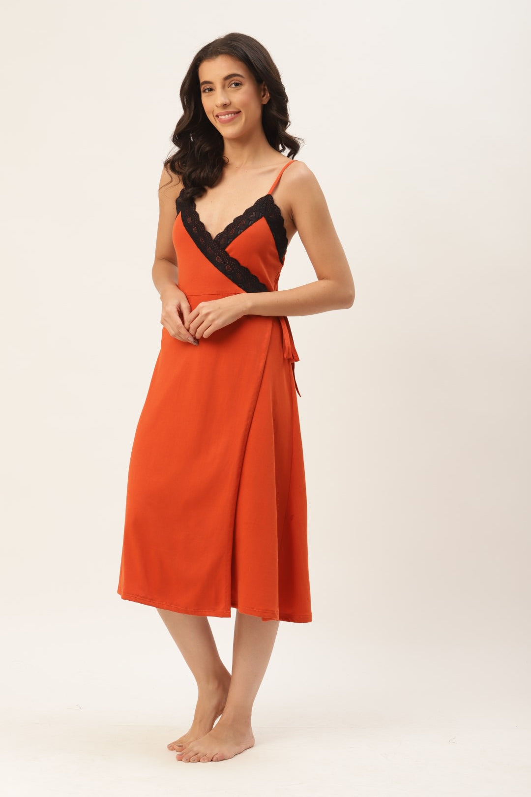 Orange Solid finish Nightwear/ Nighty with Cotton Fabric and Lace