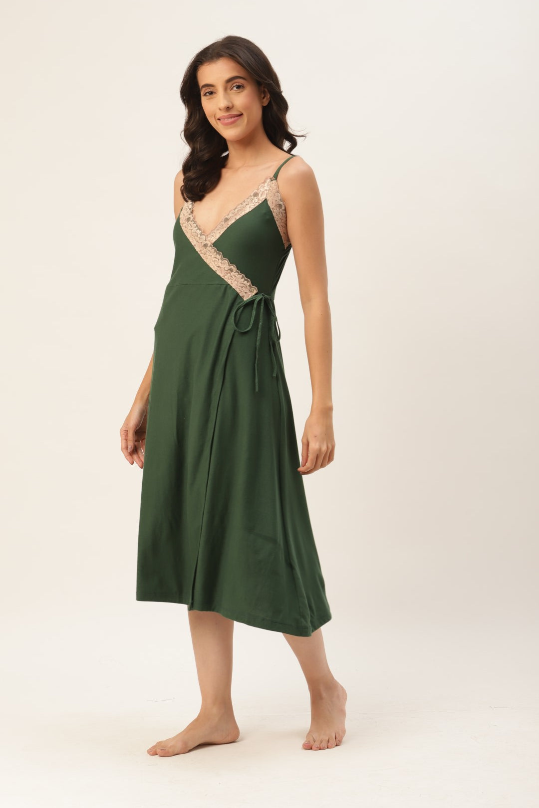 Green Solid finish Nightwear/ Nighty with Cotton Fabric and Lace
