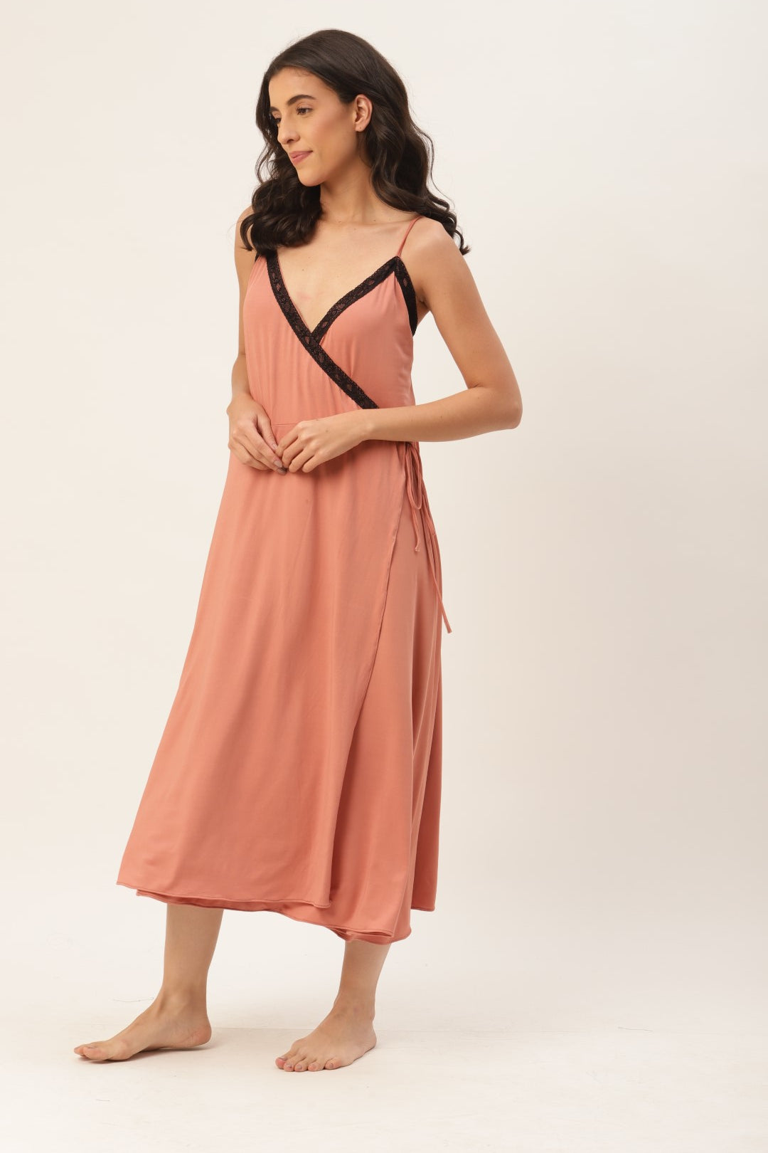 Rust Solid finish Nightwear/ Nighty with Modal Fabric and Lace