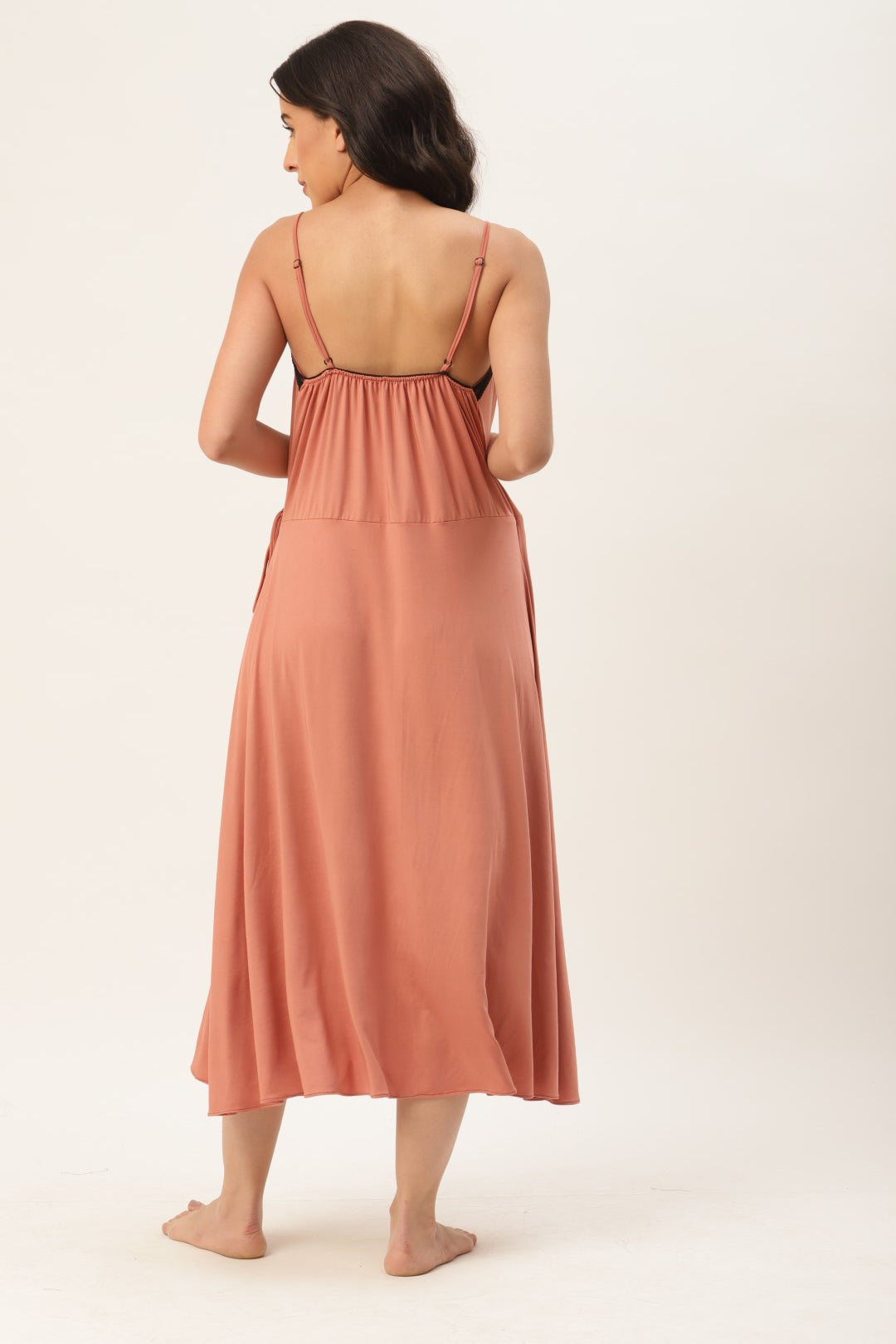 Rust Solid finish Nightwear/ Nighty with Modal Fabric and Lace
