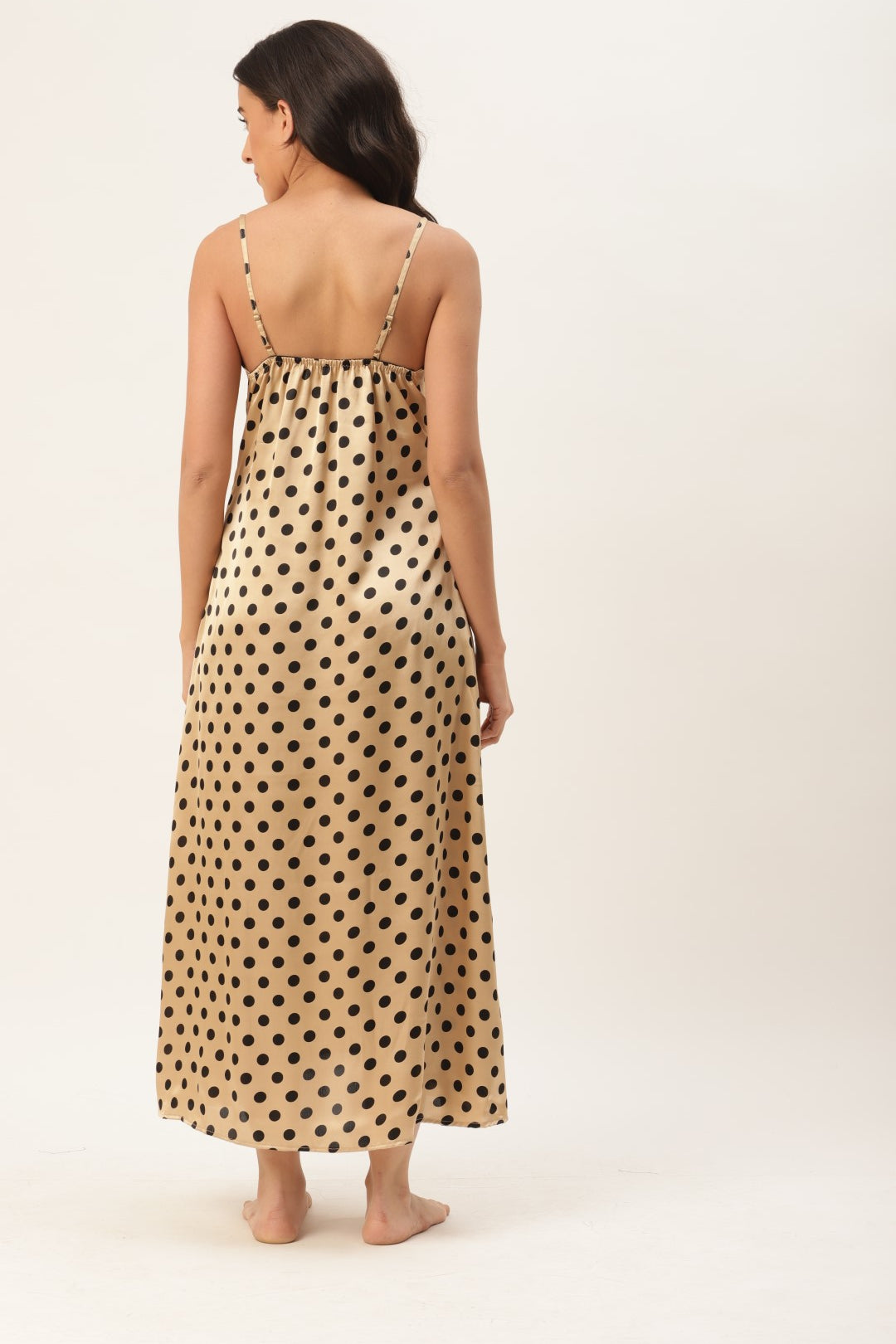 Golden Satin Nightwear/Nighty with Black Polka Dots