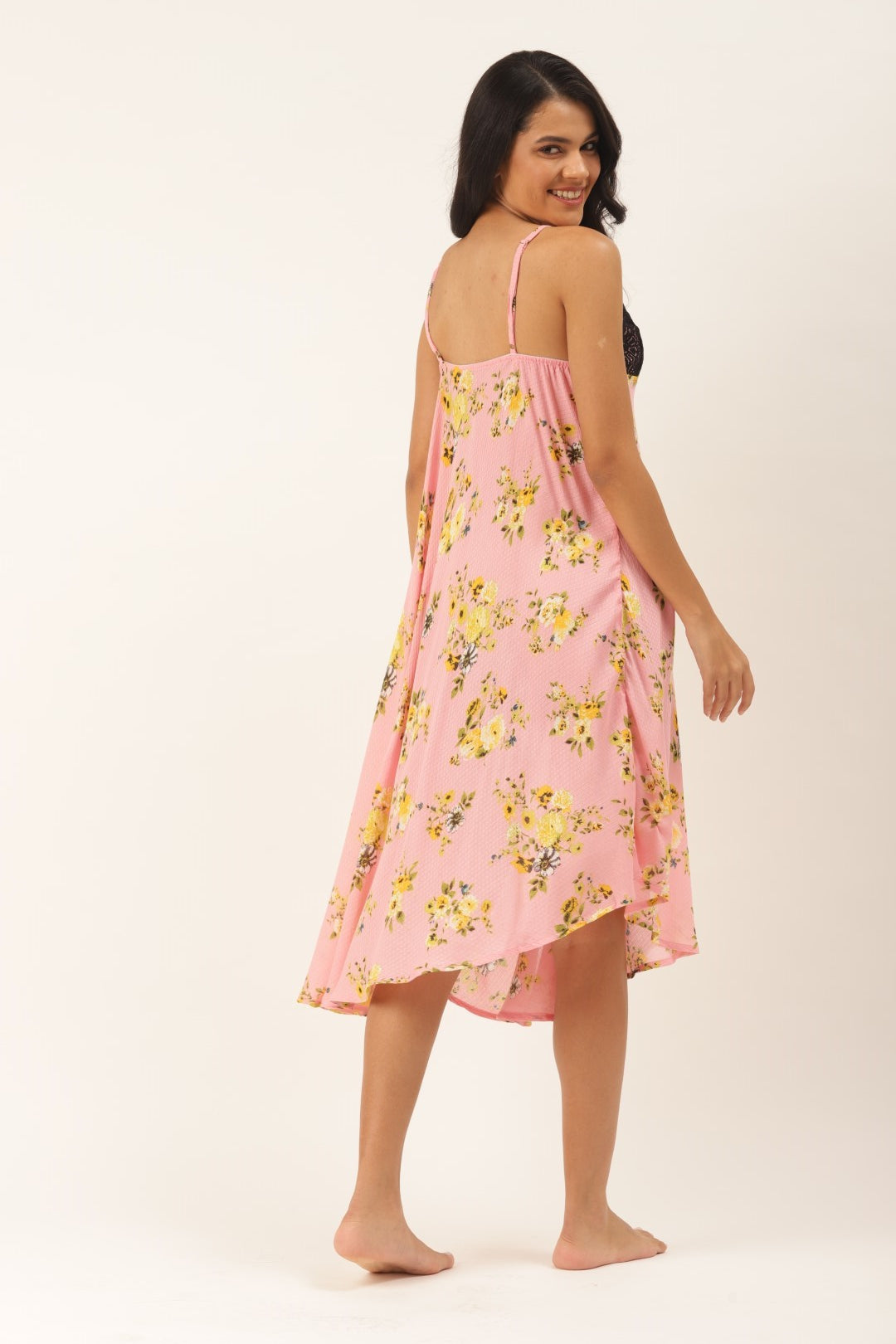 Peach Floral Printed Nightdress with Lace Fabric