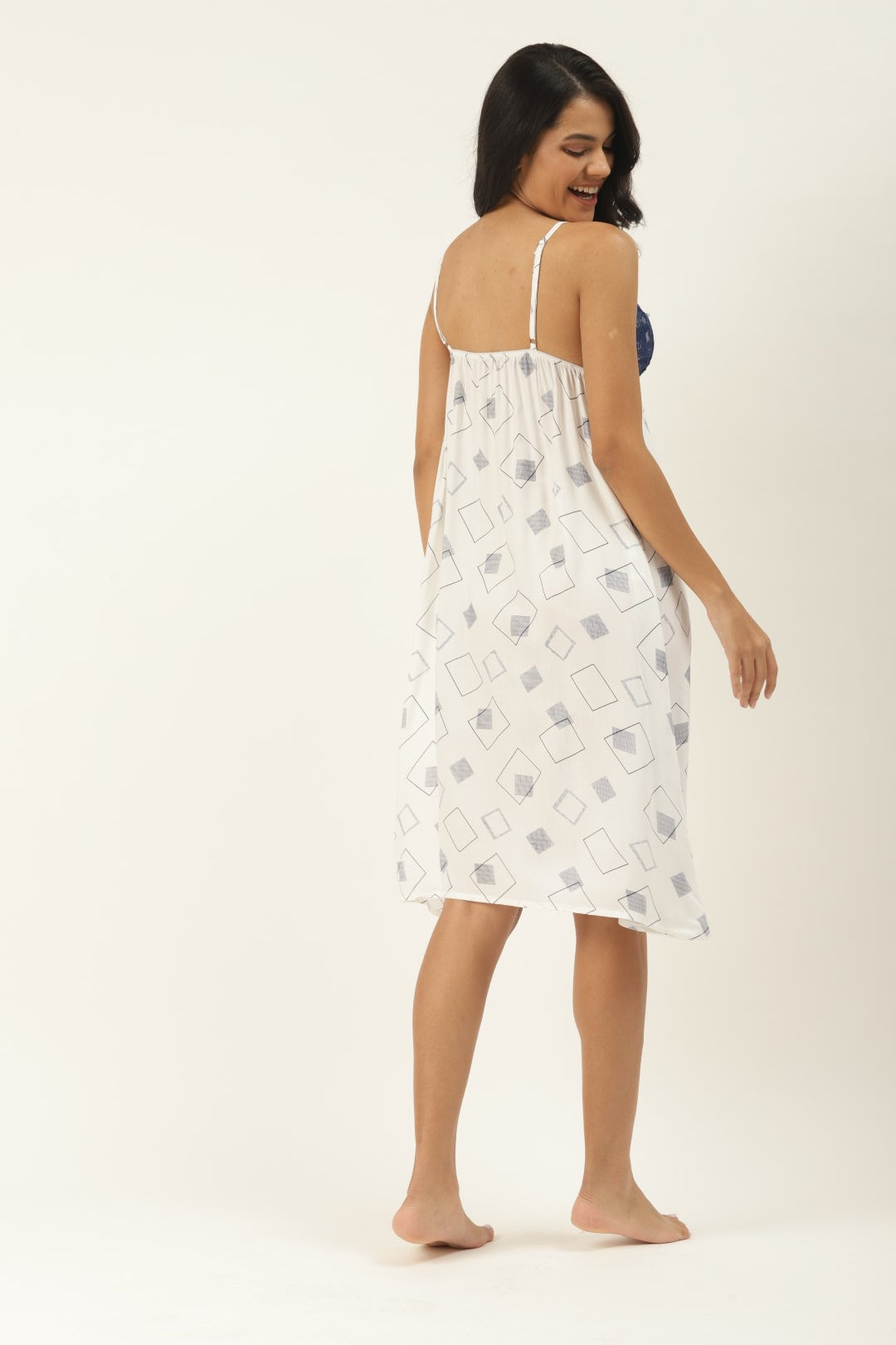 White & Blue Printed Nightdress with Lace Fabric