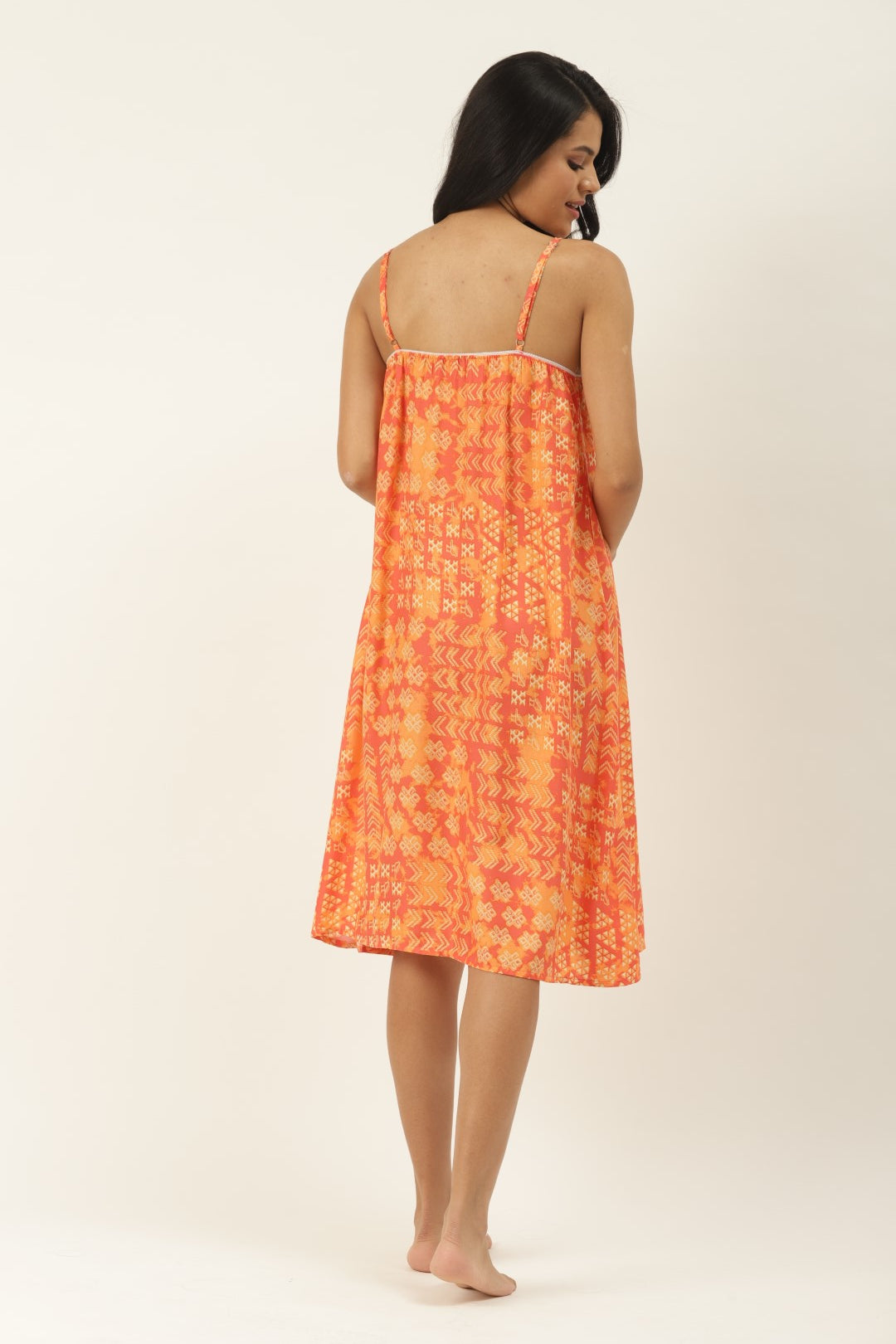 Orange & Coral Pink Printed Nightdress with Lace Fabric