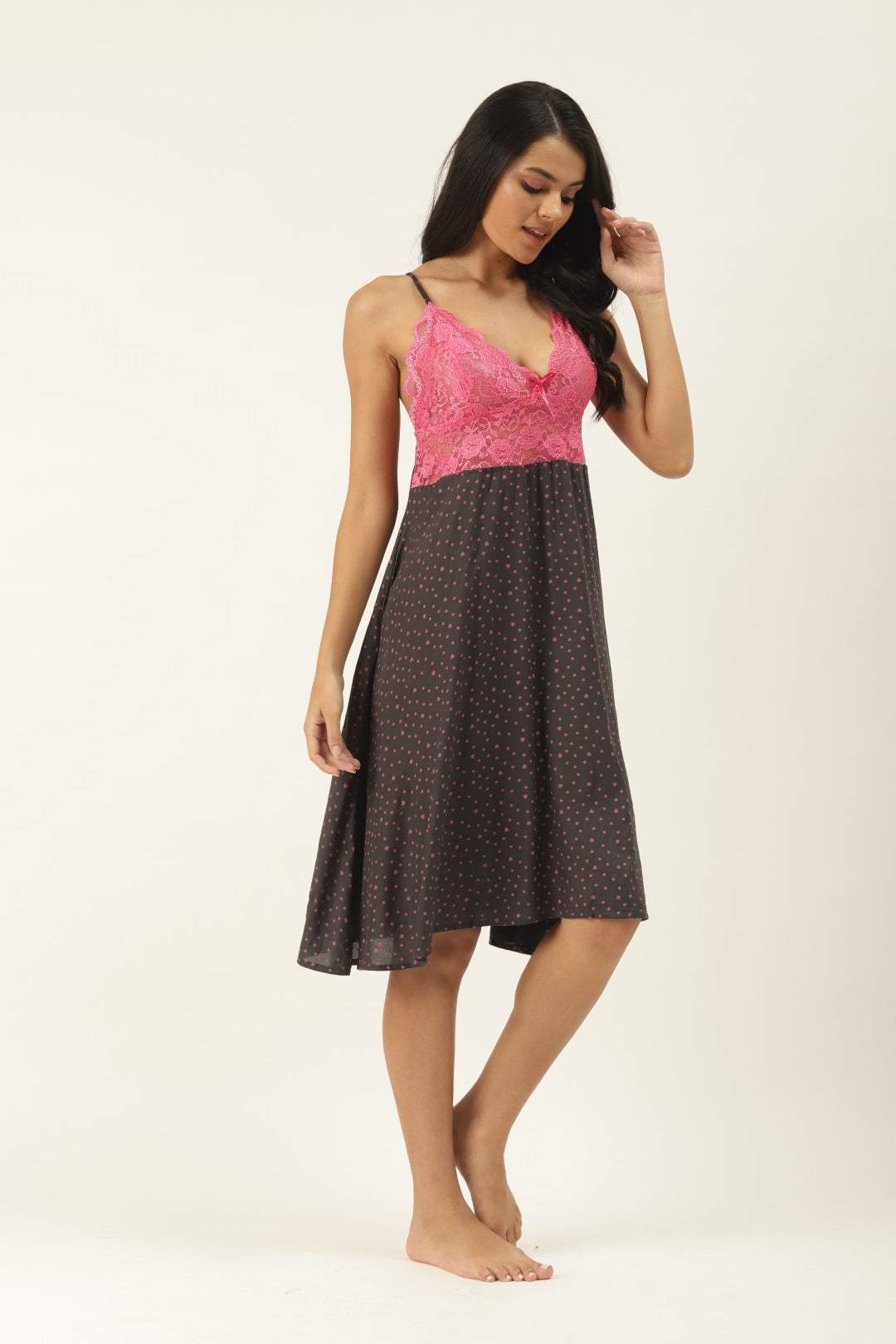 Charcoal Grey & Pink Printed Nightdress