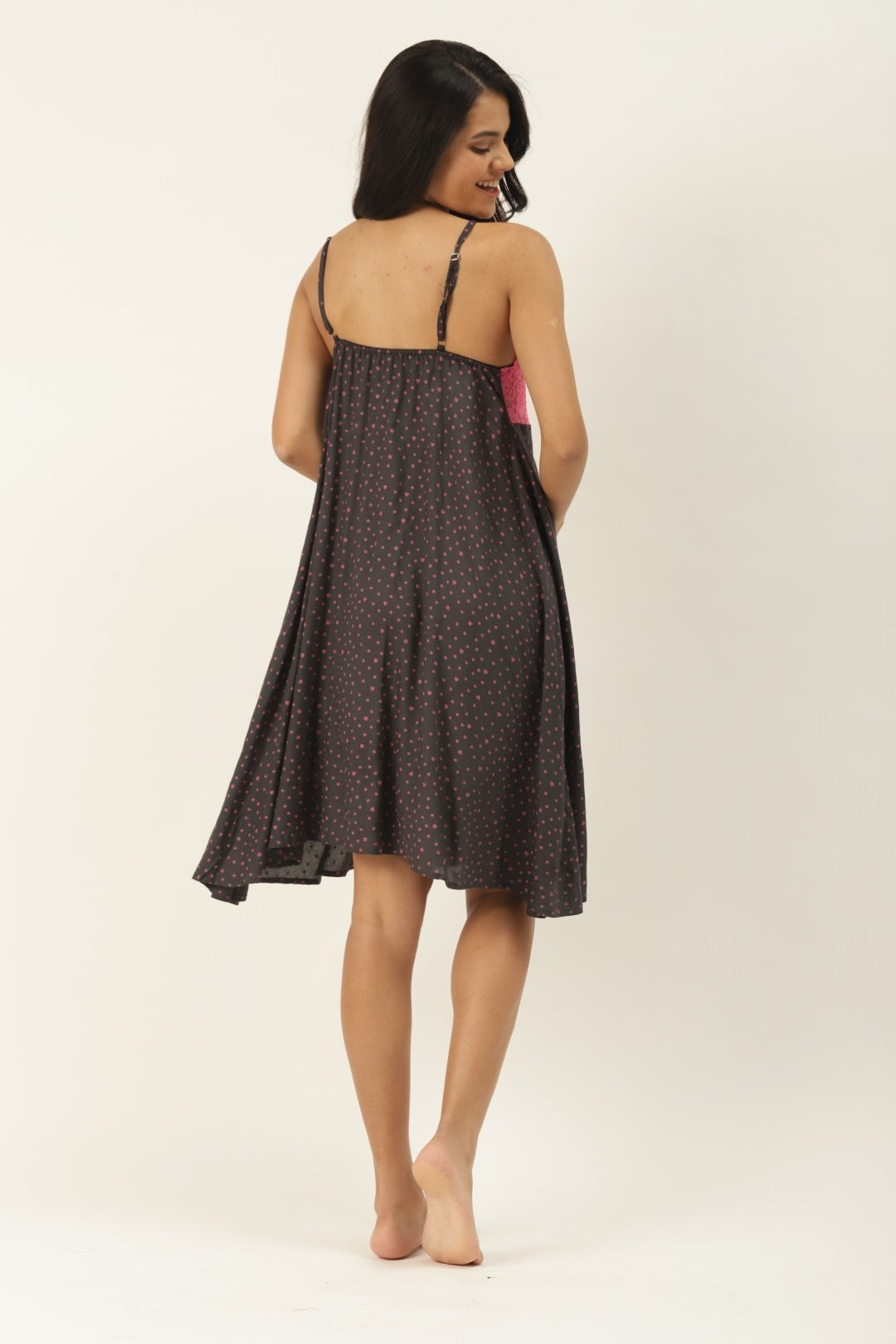 Charcoal Grey & Pink Printed Nightdress