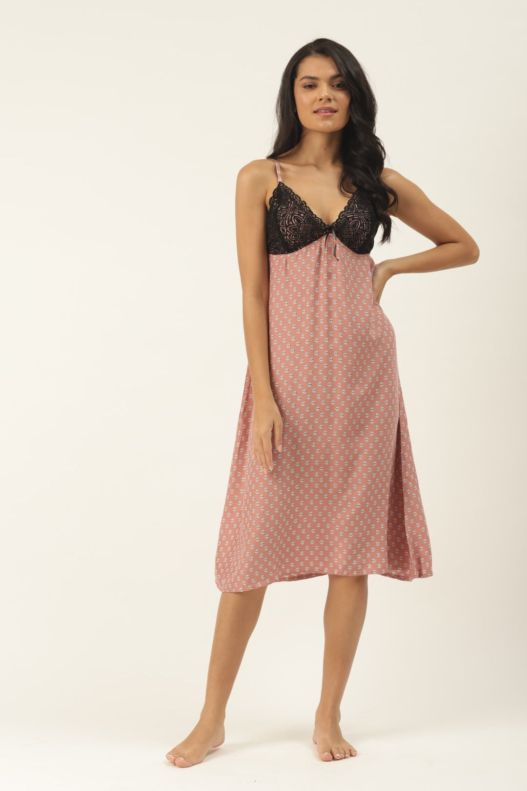 Beige & Floral Printed, Nightdress with Lace Fabric