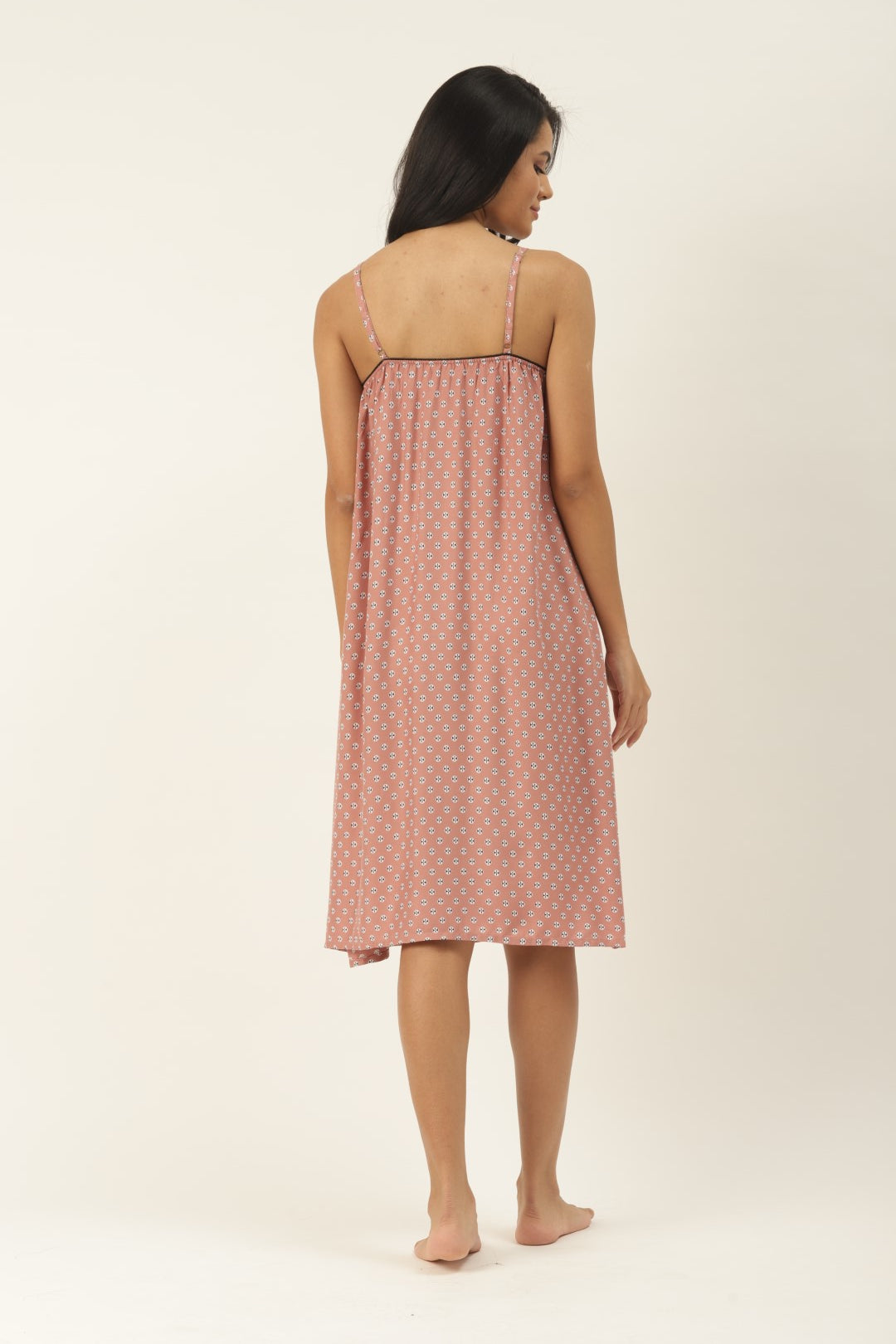 Beige & Floral Printed, Nightdress with Lace Fabric