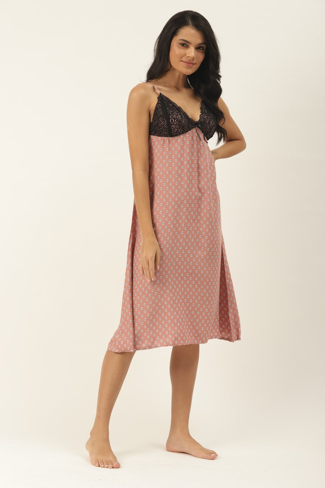 Beige & Floral Printed, Nightdress with Lace Fabric