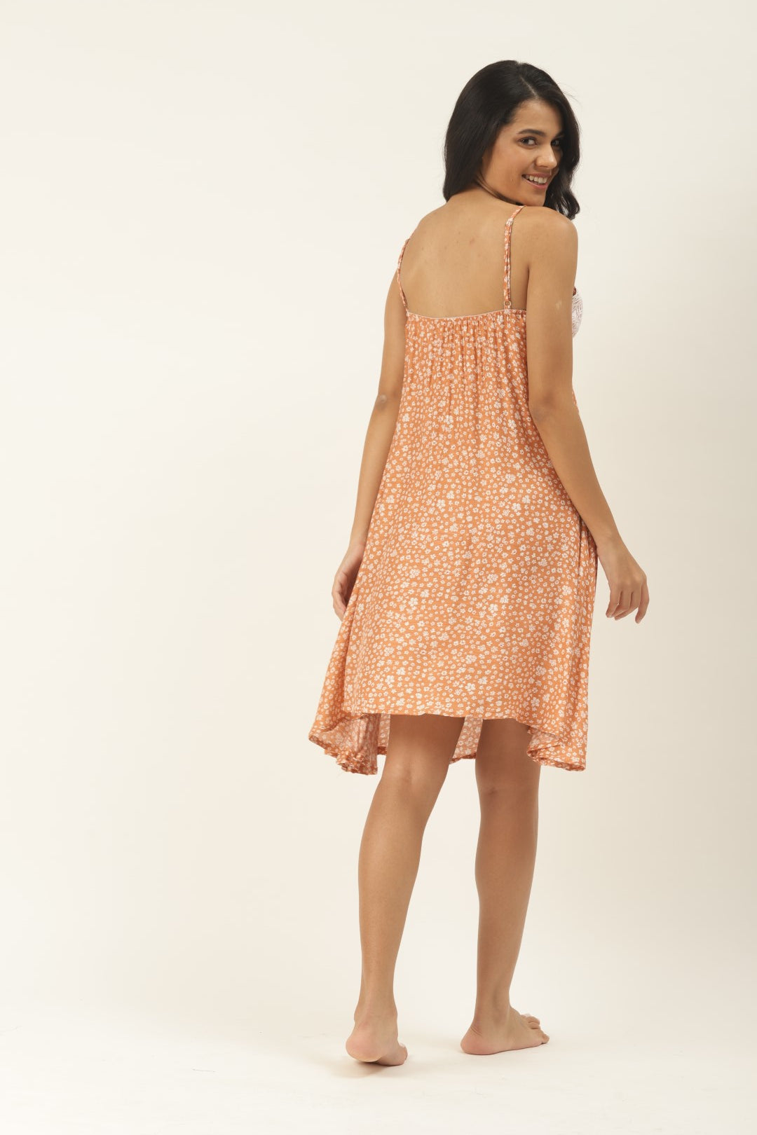 Orange & White Floral Printed Nightdress with Lace Fabric