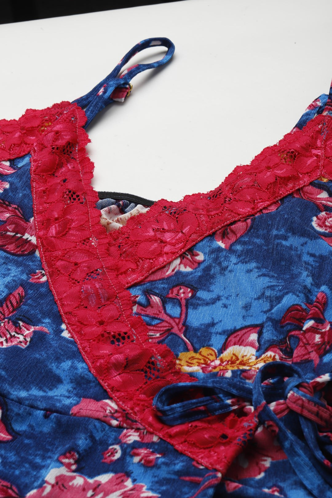 Blue Floral Finish Nightwear/ Nighty with Modal Fabric and Lace
