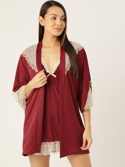 Maroon babydoll with Net/Lace