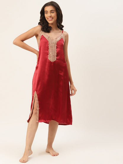 Maroon Satin Nightwear/nighty with Lace detail