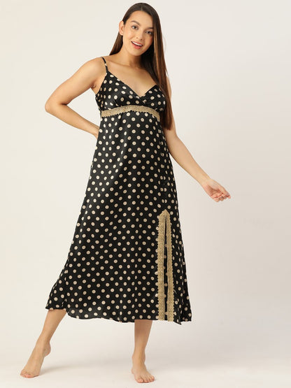 Black Satin Nightwear/Nighty with Golden Polka Dots