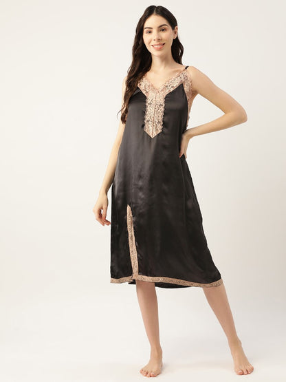 Black Satin Nightwear/Nighty with Lace