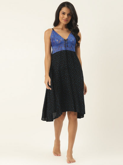 Navy Blue & Dot Printed, Nightdress with Lace Fabric