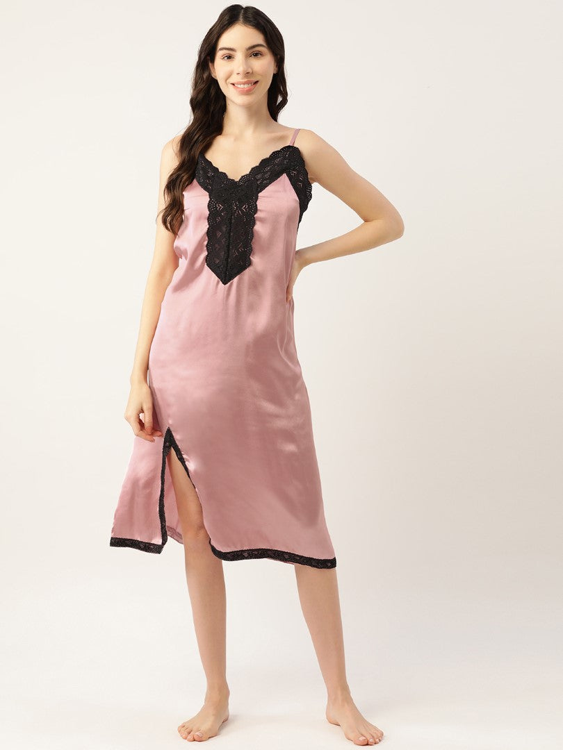 Rust Satin Nightwear/Nighty with Lace detail