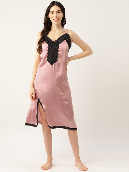 Rust Satin Nightwear/Nighty with Lace detail