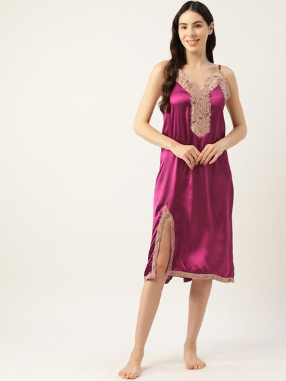 Wine Satin Nightwear/Nighty with Lace detail