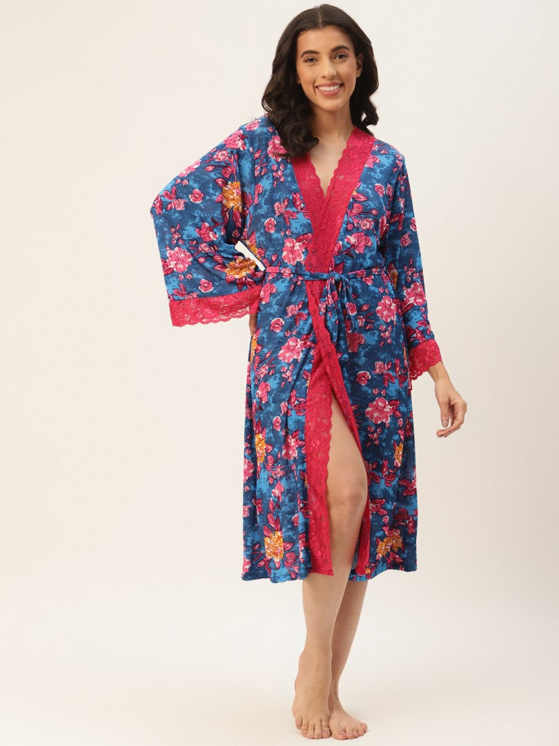 Blue Floral Print Robe with Modal Fabric