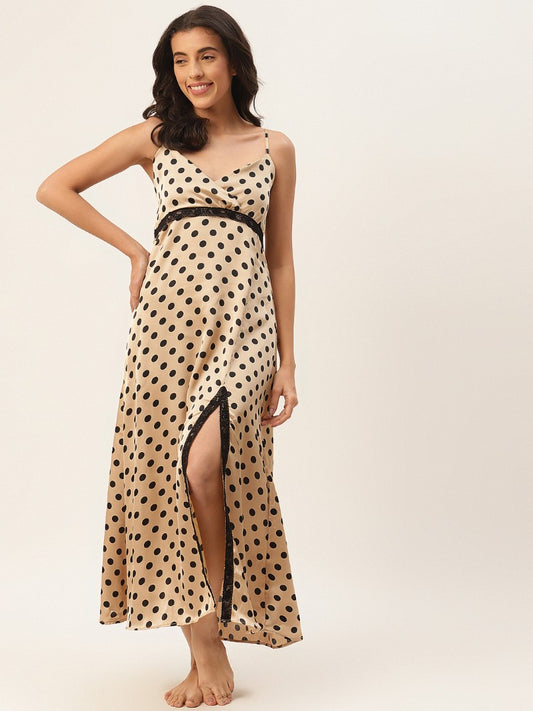 Golden Satin Nightwear/Nighty with Black Polka Dots