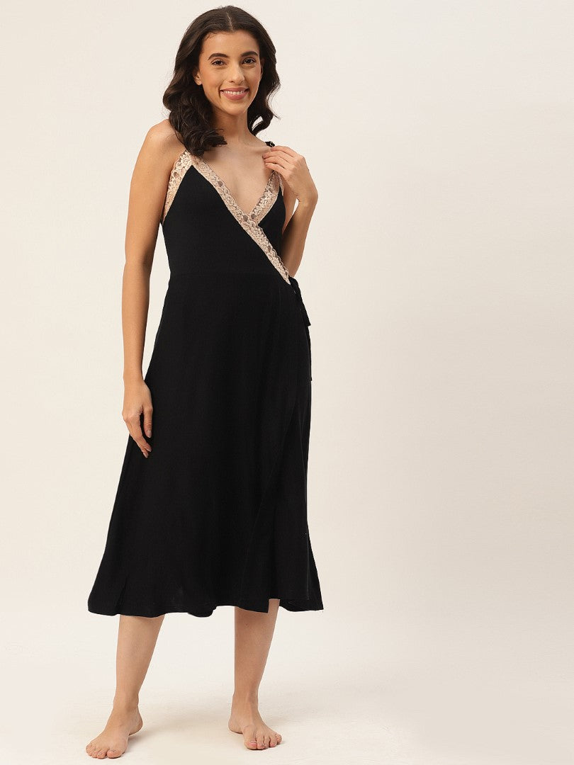 Black Solid finish Nightwear/ Nighty with Modal Fabric and Lace