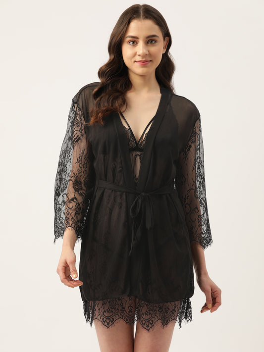 Ms.Lingies Black Full Lace Babydoll Lingerie/Nighty with Robe & Thong