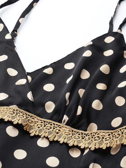 Black Satin Nightwear/Nighty with Golden Polka Dots