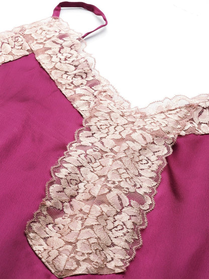 Wine Satin Nightwear/Nighty with Lace detail