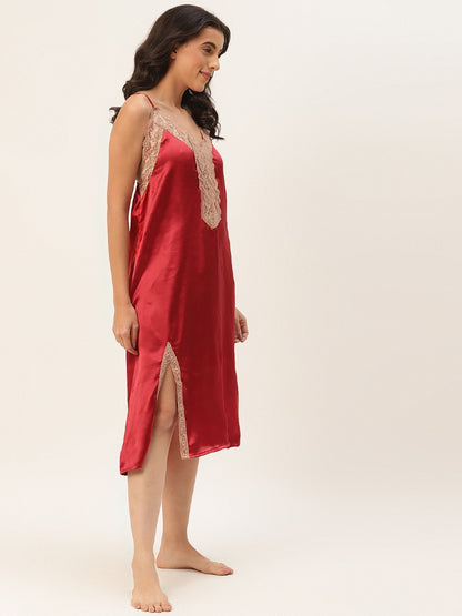 Maroon Satin Nightwear/nighty with Lace detail