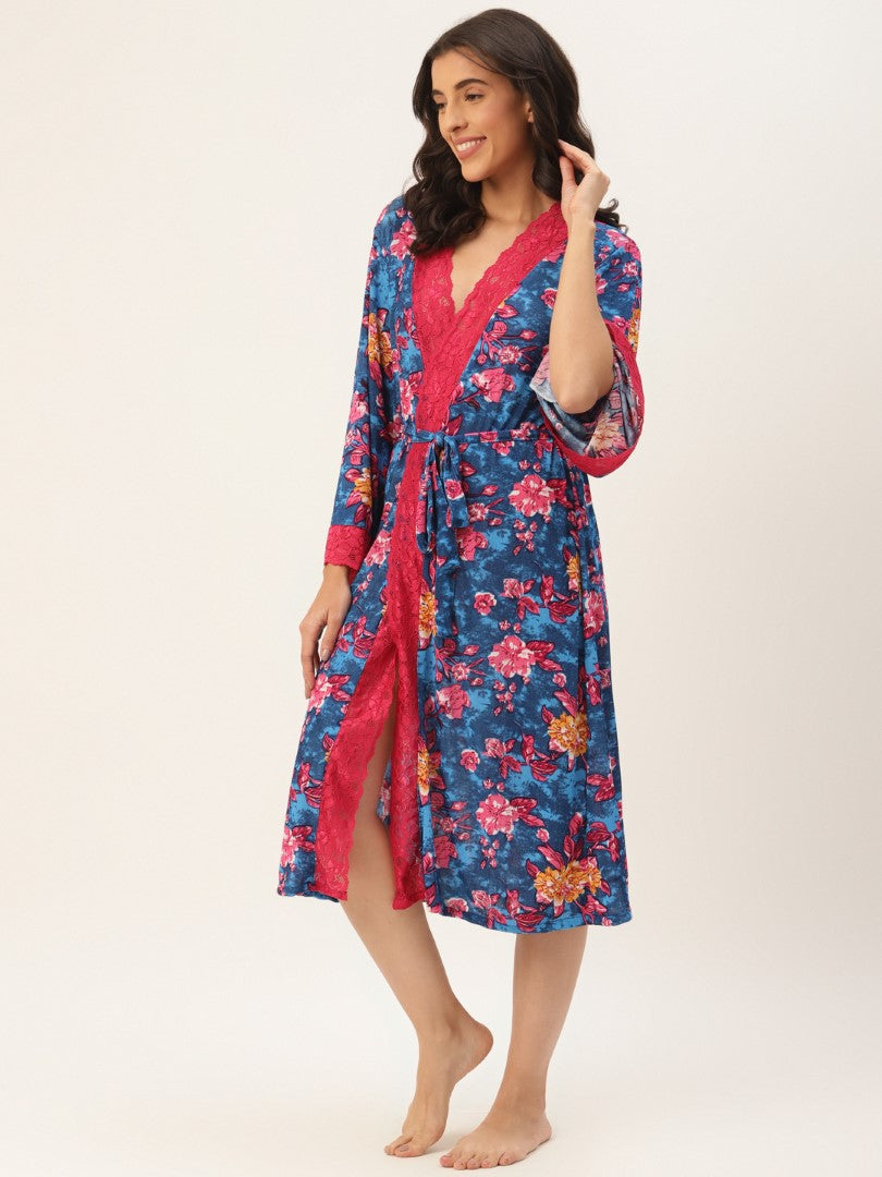 Blue Floral Print Robe with Modal Fabric