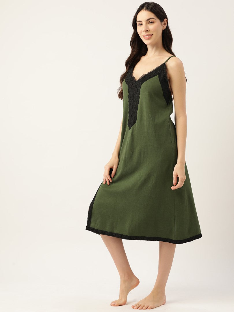 Dark Green Solid Finish Nightwear/Nighty