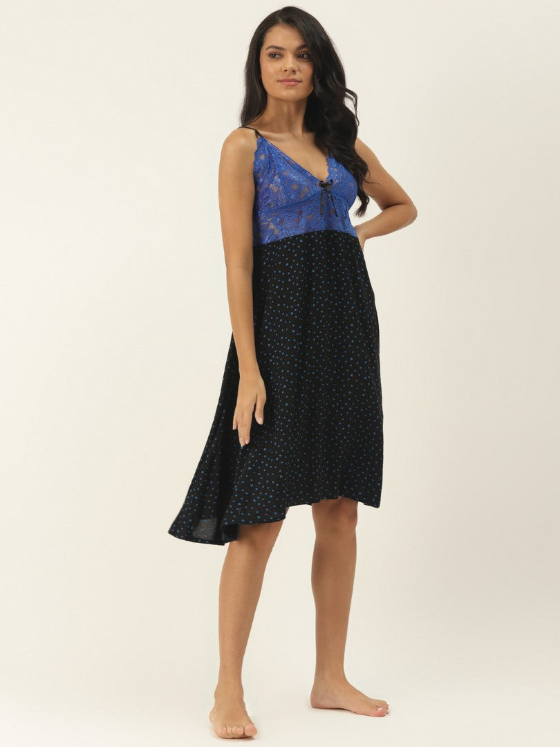 Navy Blue & Dot Printed, Nightdress with Lace Fabric