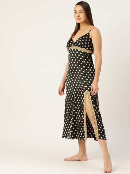 Black Satin Nightwear/Nighty with Golden Polka Dots