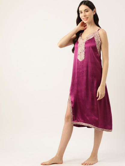 Wine Satin Nightwear/Nighty with Lace detail