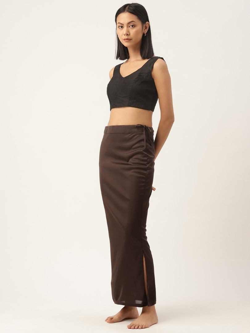 Women Dark Brown Solid Saree Shapewear