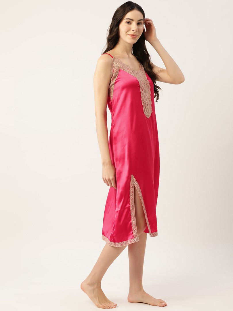 Rose Satin Nightwear/Nighty with Lace detail.