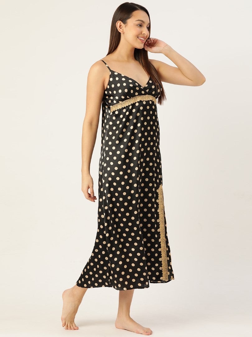 Black Satin Nightwear/Nighty with Golden Polka Dots