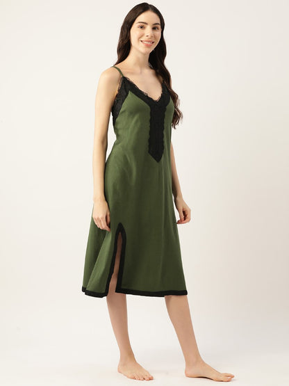 Dark Green Solid Finish Nightwear/Nighty