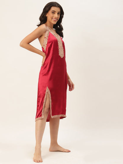 Maroon Nightwear/nighty with satin