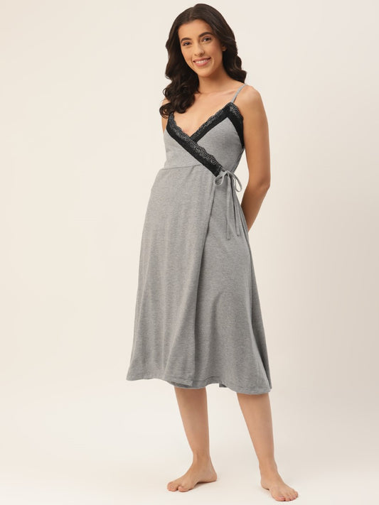 Grey Solid finish Nightwear/ Nighty with Modal Fabric and Lace