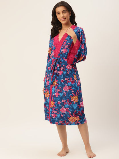 Blue Floral Print Robe with Modal Fabric