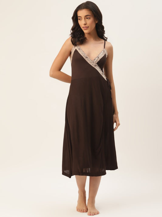 Dark Brown Solid finish Nightwear/ Nighty with Modal Fabric and Lace