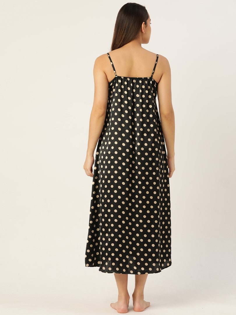 Black Satin Nightwear/Nighty with Golden Polka Dots