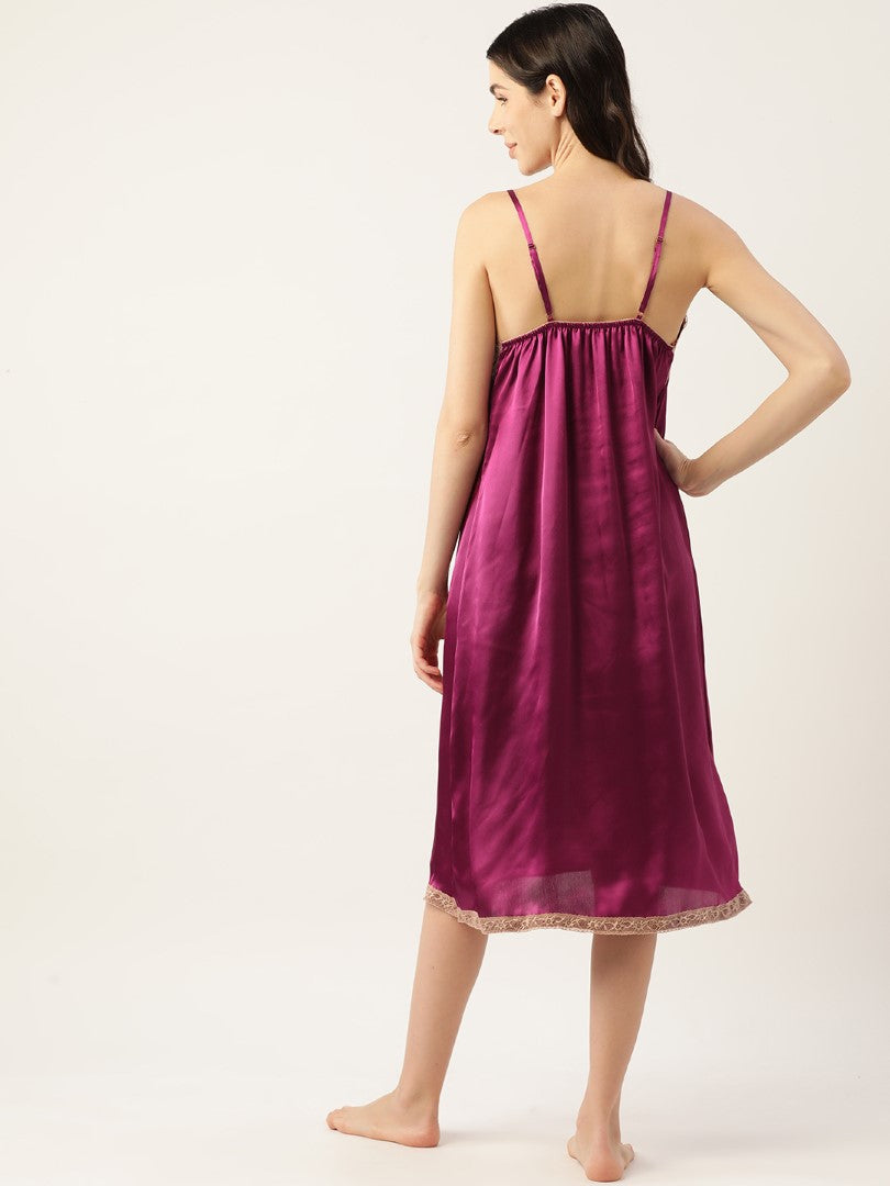 Wine Satin Nightwear/Nighty with Lace detail