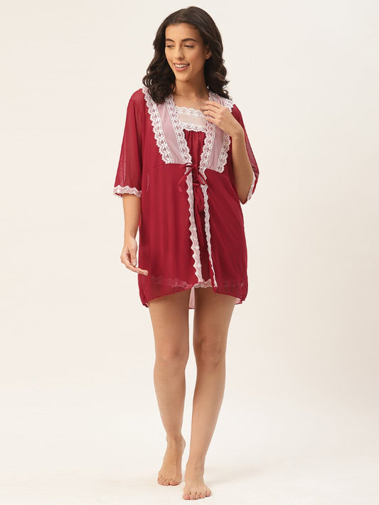 Maroon babydoll with Net/Lace